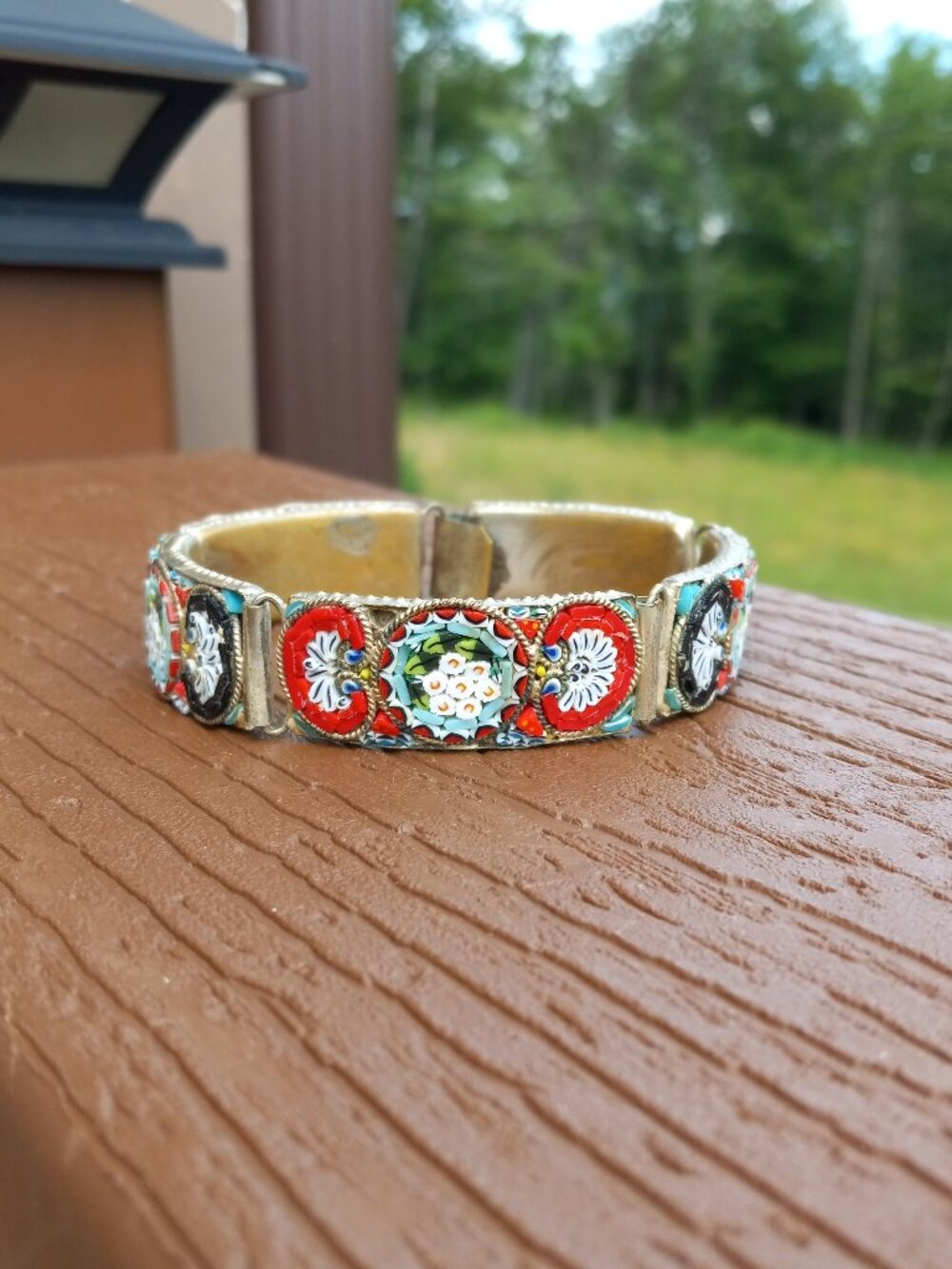 Vintage Micro Mosaic Floral Pattern Panel Bracelet Made in Italy